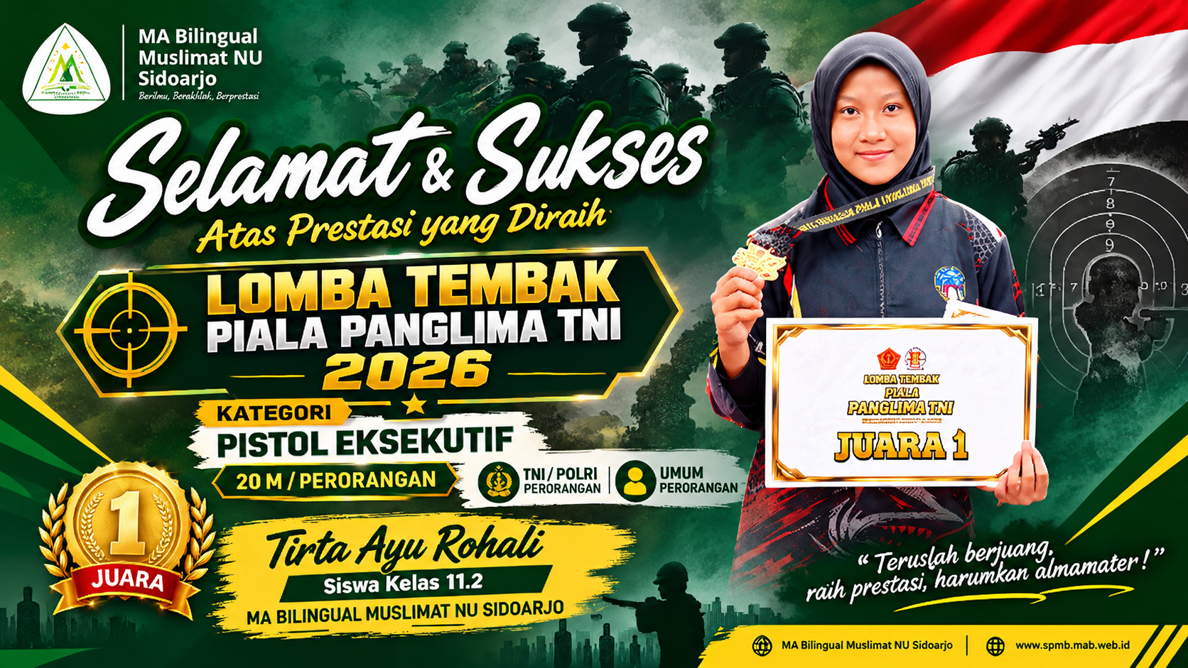 Siswi MA Bilingual Muslimat NU Sidoarjo Raih Juara 1 Lomba Tembak Piala Panglima TNI 2026